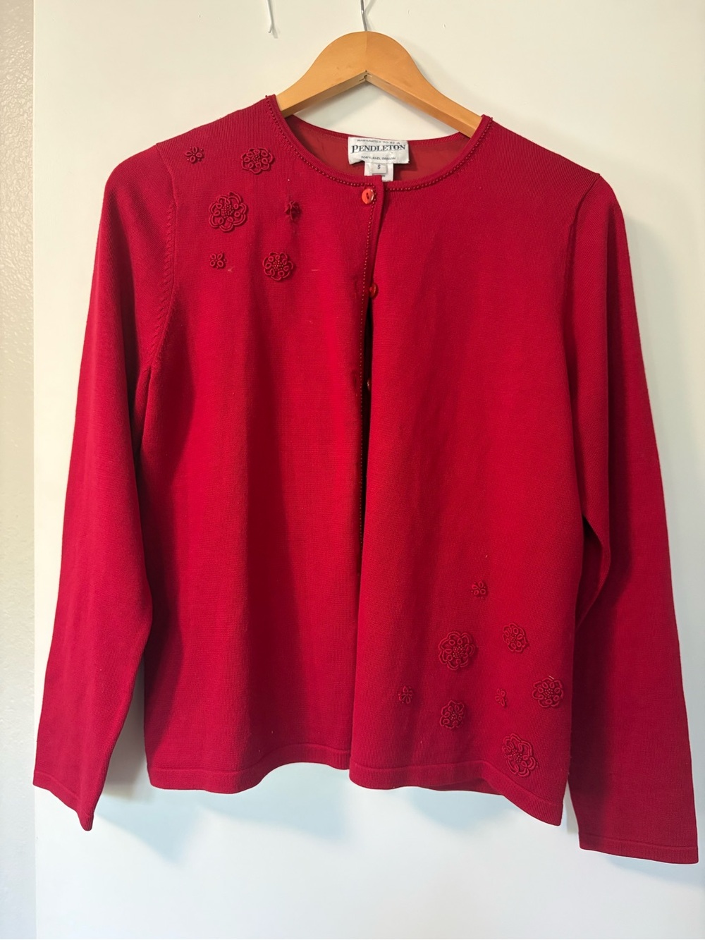 Pendleton Red Button-Front Embroidered Crewneck Cardigan - Women